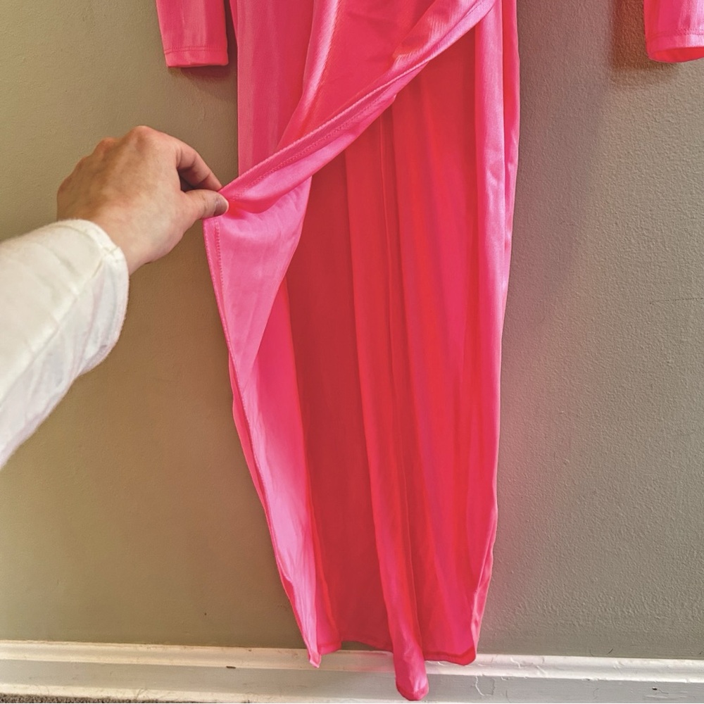 Bronx and Banco Electric Pink Maxi Sash Waist Dress Size Large Long Sleeve Slit - Picture 9 of 16
